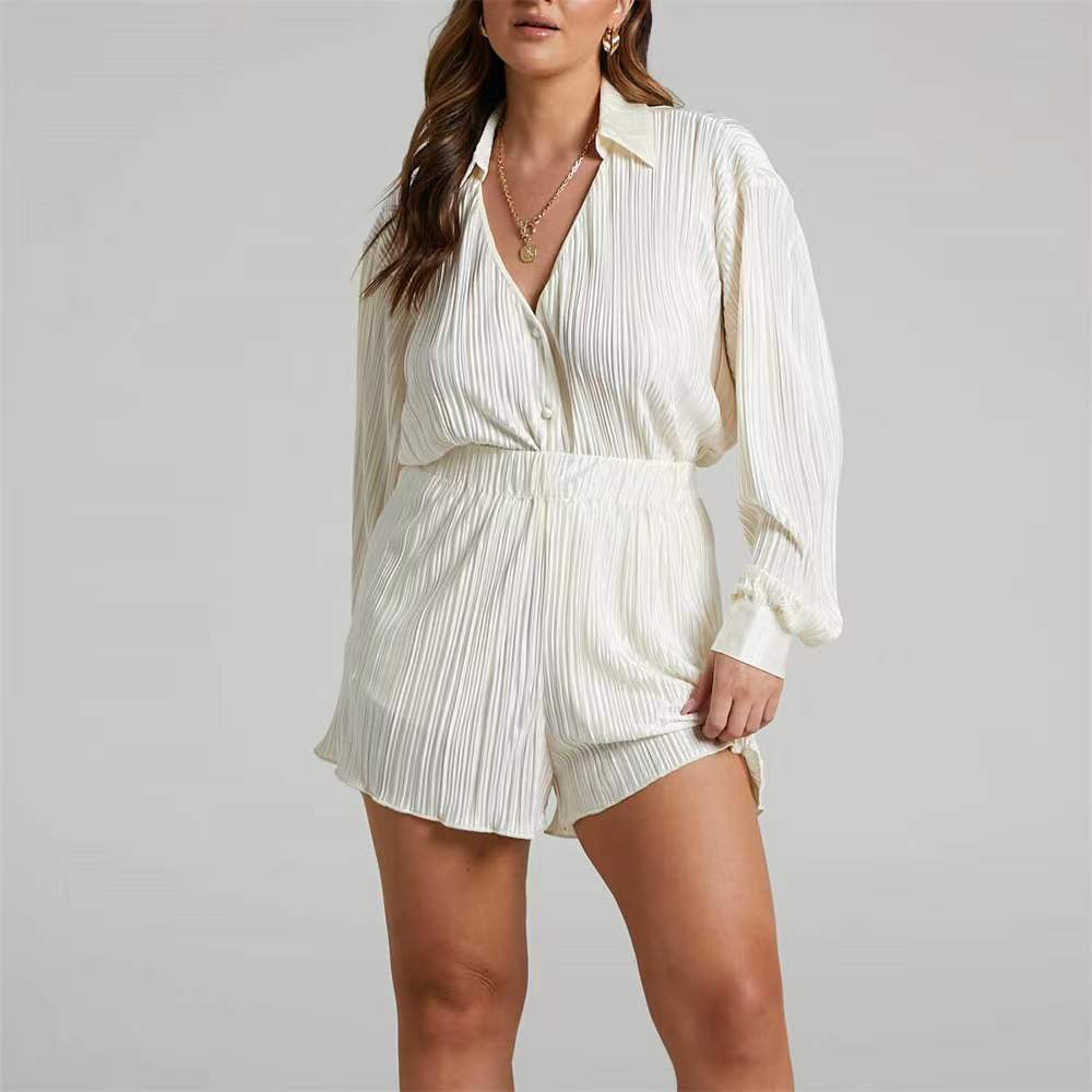Light Airy Deep V-neck Collared Wrinkle Shirt and Mini Shorts - Gen U Us Products