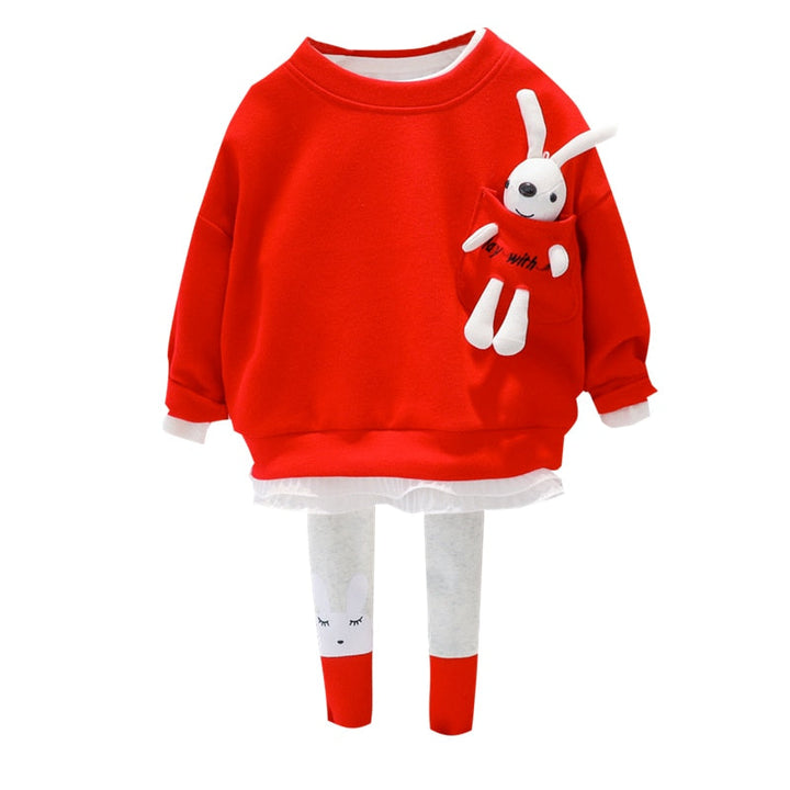 Long-sleeved Pullover with Fluffy Bunny and Pants 
