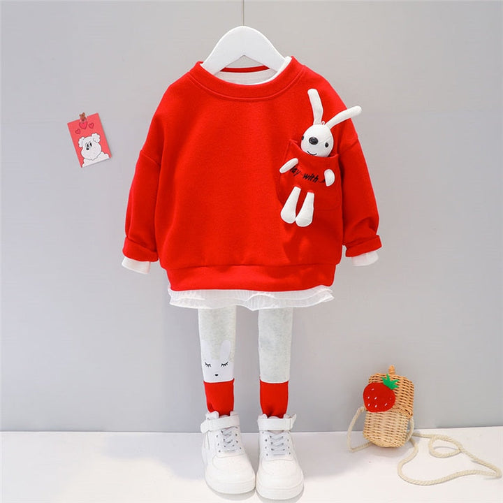 Long-sleeved Pullover with Fluffy Bunny and Pants 
