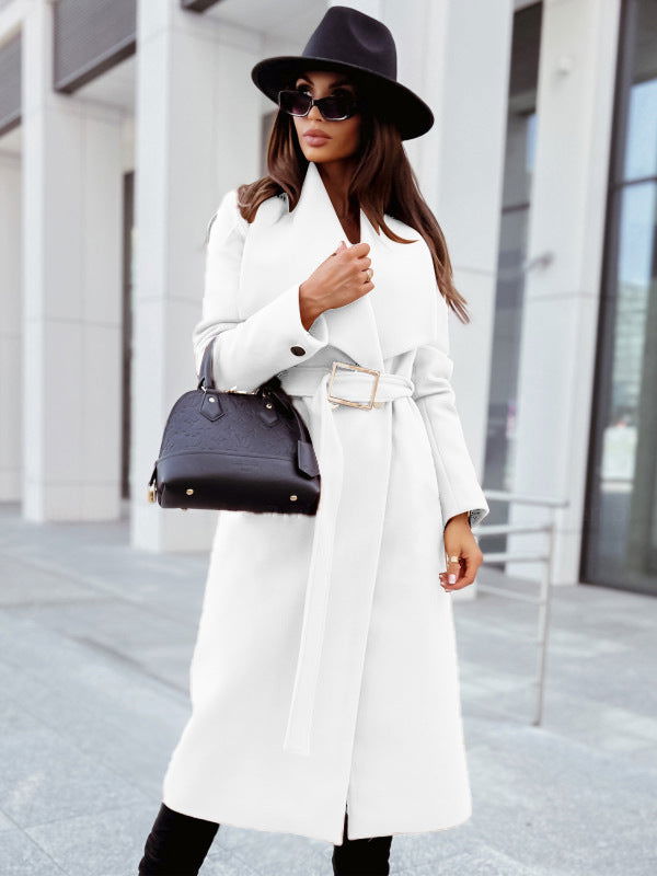 Classic wool trench coat, white V-neck with button front and matching belt tie