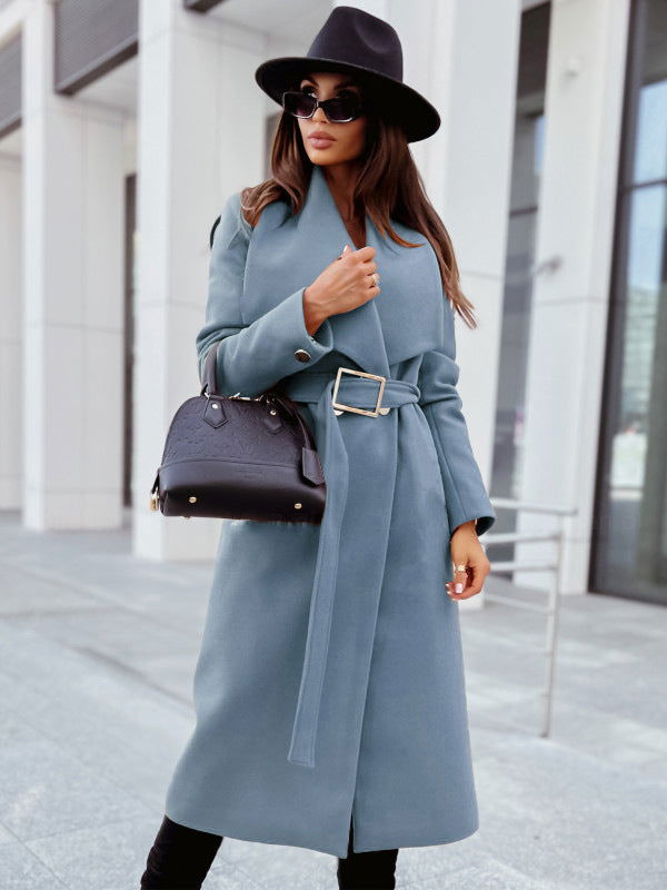 Classic wool trench coat, blue V-neck button front with belt and long tailored sleeves