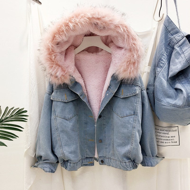 Luxurious Faux Fur and Lambswool Hooded Denim Coat 