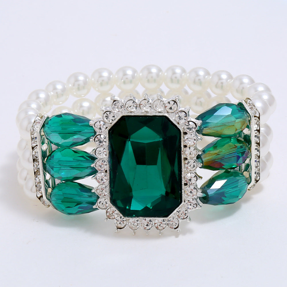 Luxurious Gem Wrap Three Rows Faux Pearls Beads Bracelet 