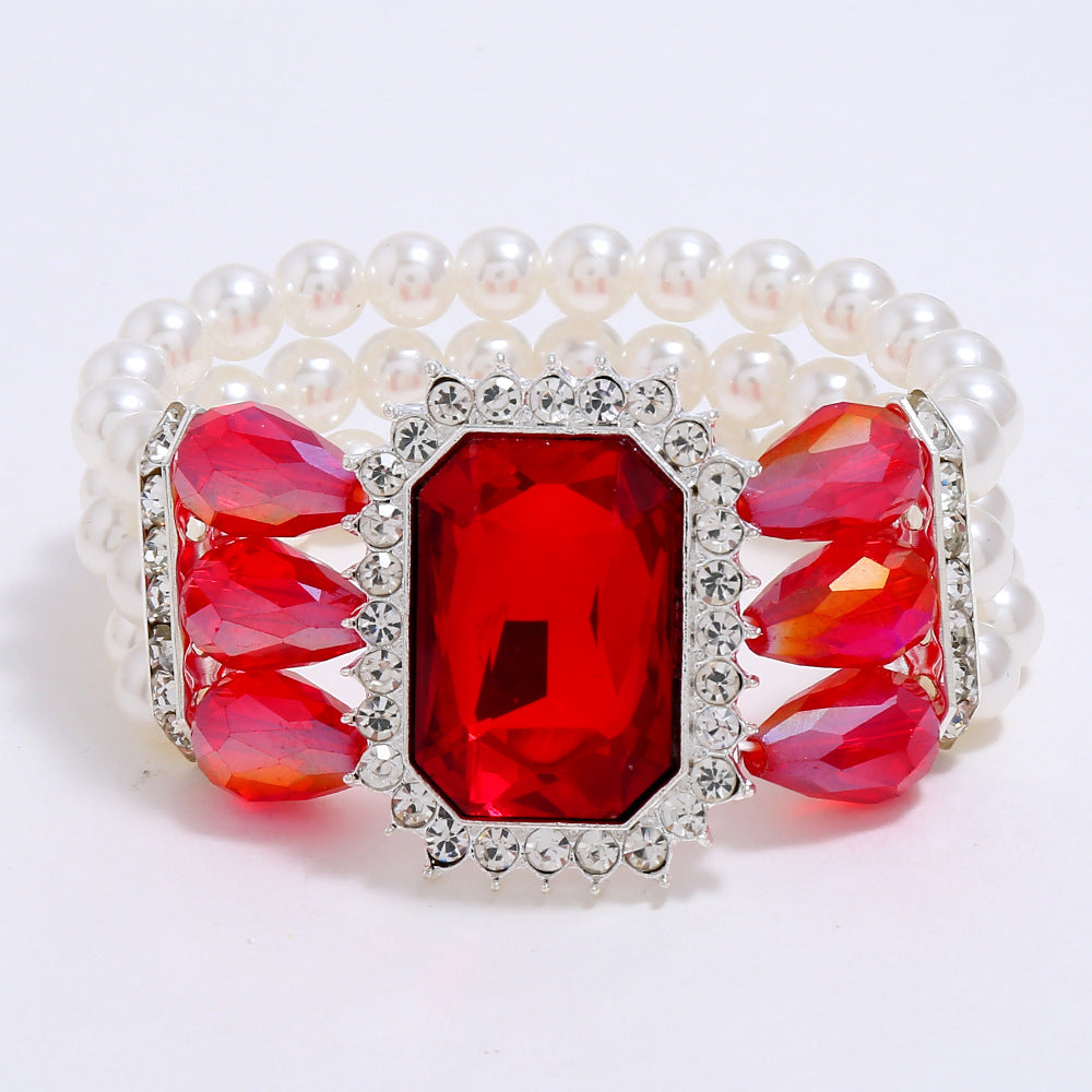 Luxurious Gem Wrap Three Rows Faux Pearls Beads Bracelet 