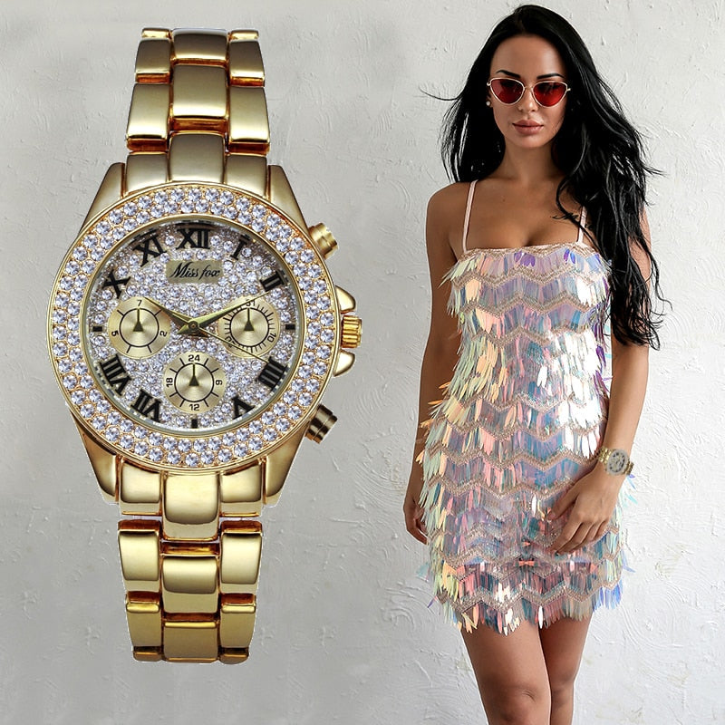 Luxury Bling Out 18K Gold Roman Numerals Quartz Watches 