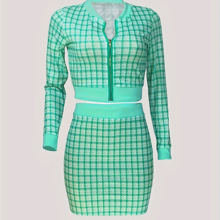 Matching Plaid Crop Zip Up Jacket Top and Bodycon Skirts Sets 