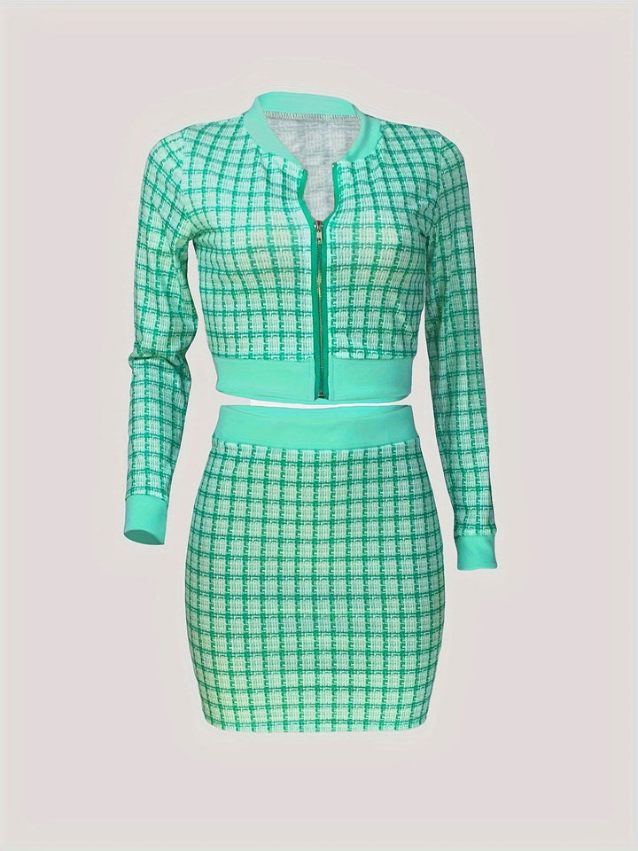 Matching Plaid Crop Zip Up Jacket Top and Bodycon Skirts Sets - Gen U Us Products -  