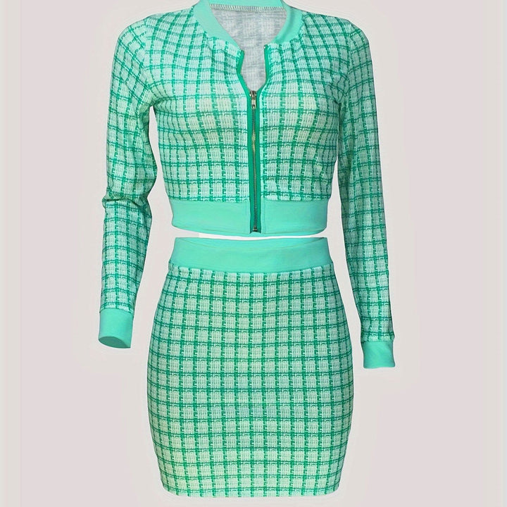 Matching Plaid Crop Zip Up Jacket Top and Bodycon Skirts Sets - Gen U Us Products -  