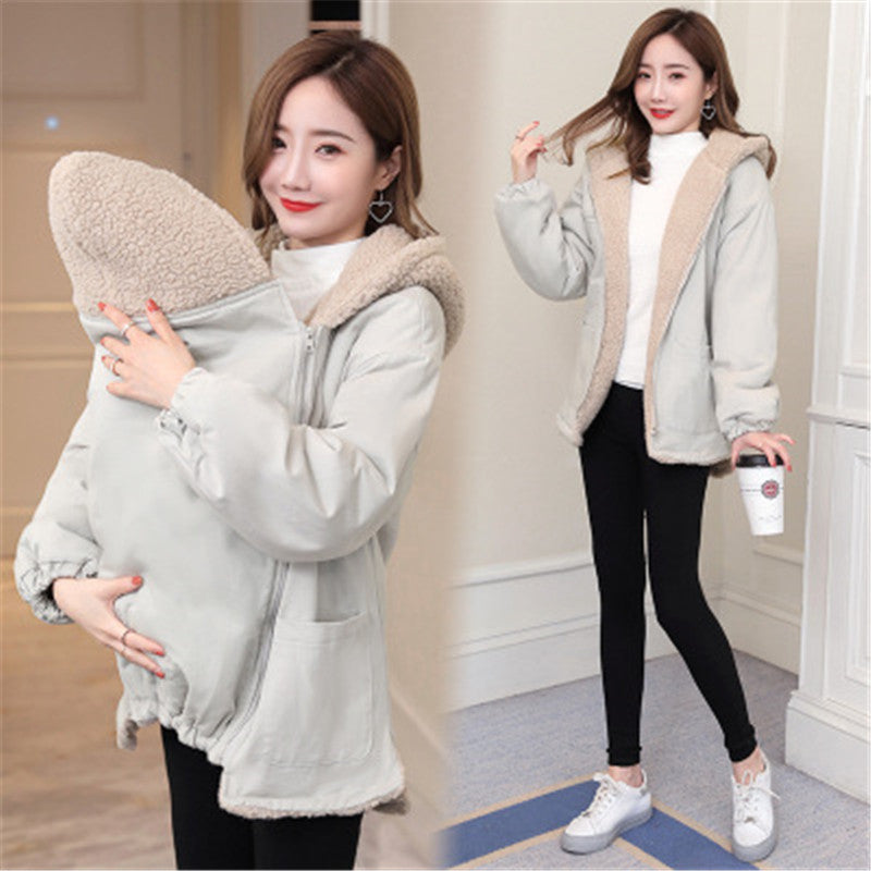 Maternity Baby Carrier Long Sleeve Fur Hood Coats in Plus Sizes 
