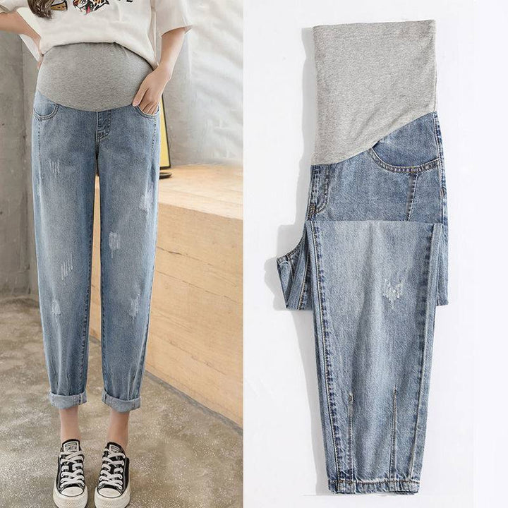Maternity Loose Belly Covering High Waist Denim Jeans 