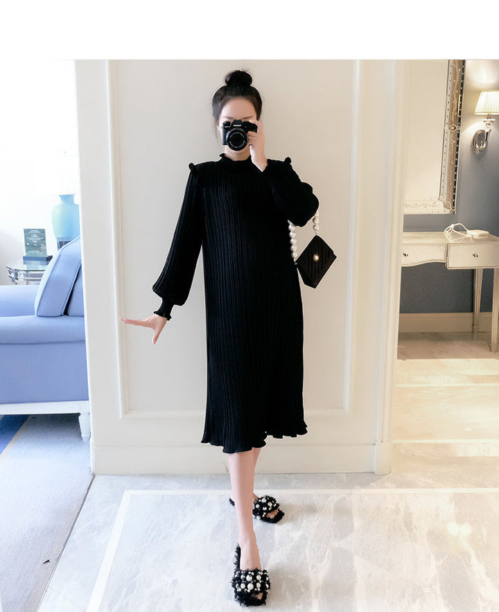 Maternity Soft Cotton Blend Collared Pleated Mid-length Dresses 