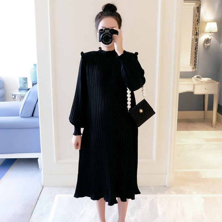 Maternity Soft Cotton Blend Collared Pleated Mid-length Dresses 