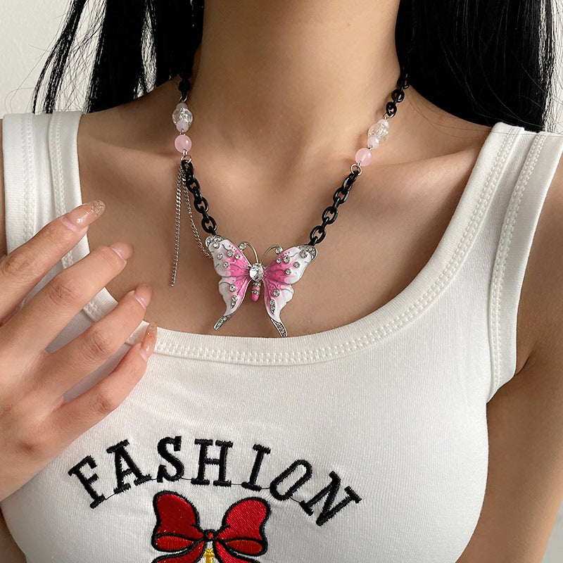 Stylish Flower Child Pink Butterfly Black Chain Necklaces
