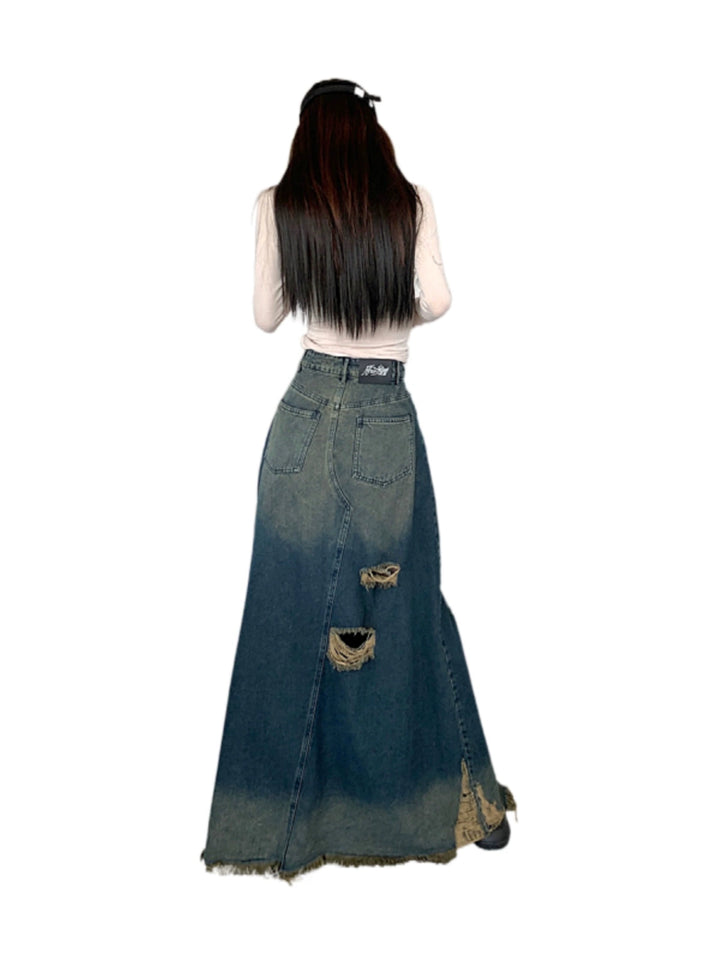 Retro Stylish Niche Destroyed Ripped High Waist Plus Size Women's Denim Skirts