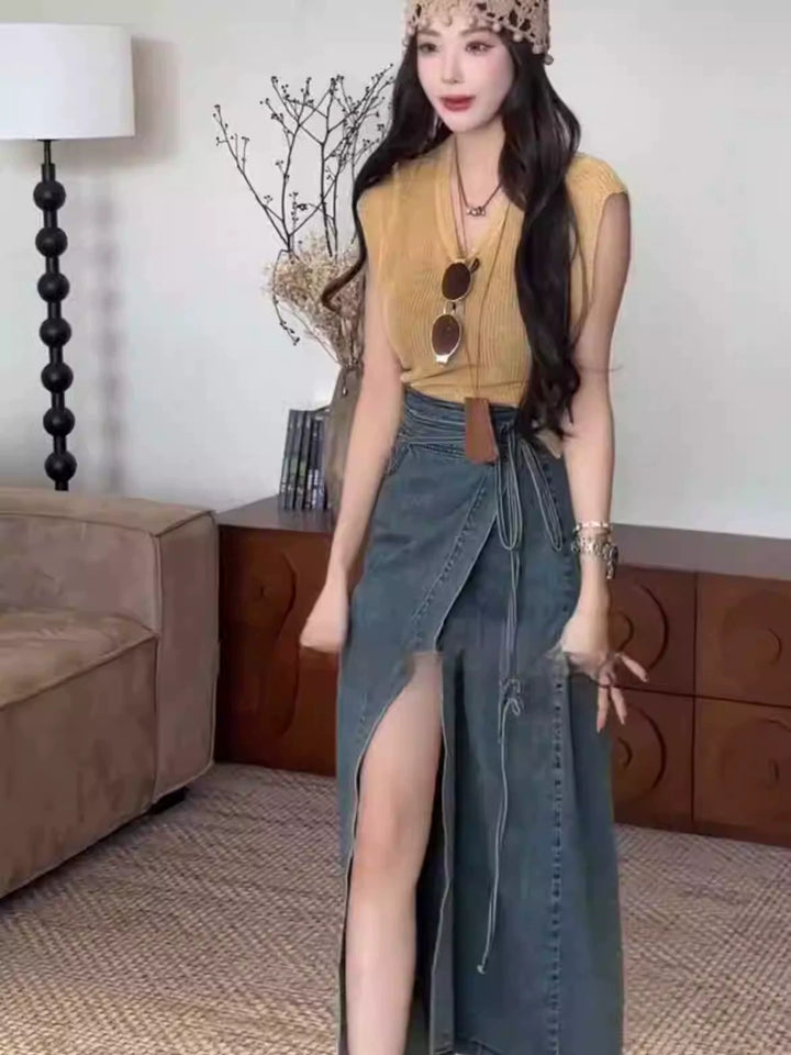 Retro Long Slit Waist-Tight Long Length Denim Skirts