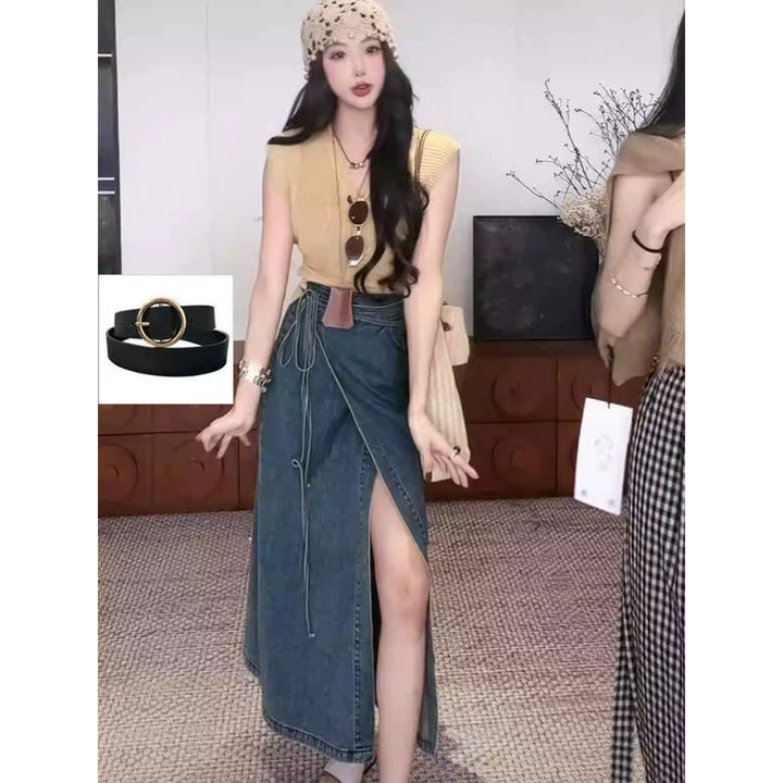 Retro Long Slit Waist-Tight Long Length Denim Skirts