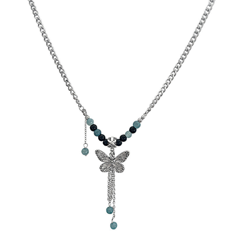 Vintage Titanium Steel Butterfly Beaded Tassel Necklaces