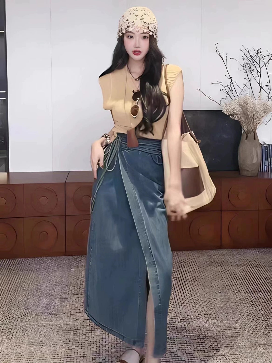 Retro Long Slit Waist-Tight Long Length Denim Skirts