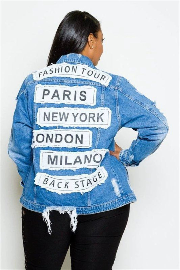 City Patches Single Breasted Long Denim Jean Jackets