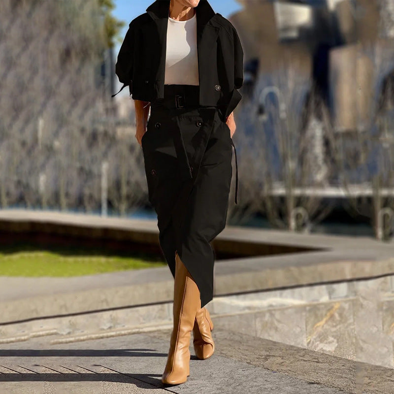 Office Lady Professional Suit with Collared Shirt and Belted Skirt