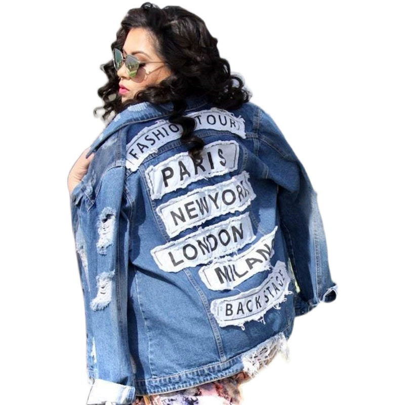 City Patches Single Breasted Long Denim Jean Jackets