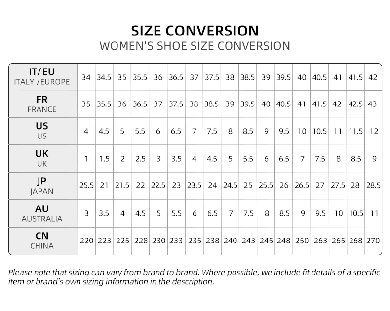 Size conversion chart for women's shoes across different countries
