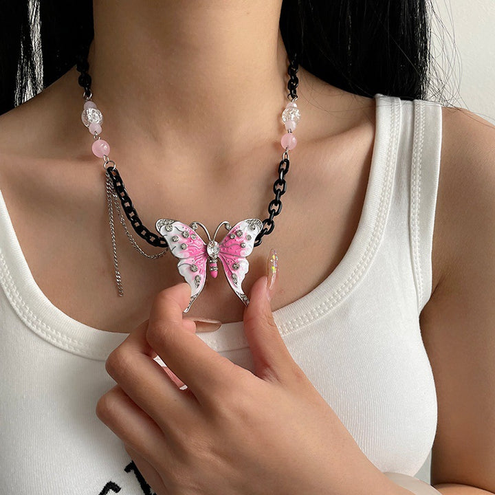 Stylish Flower Child Pink Butterfly Black Chain Necklaces