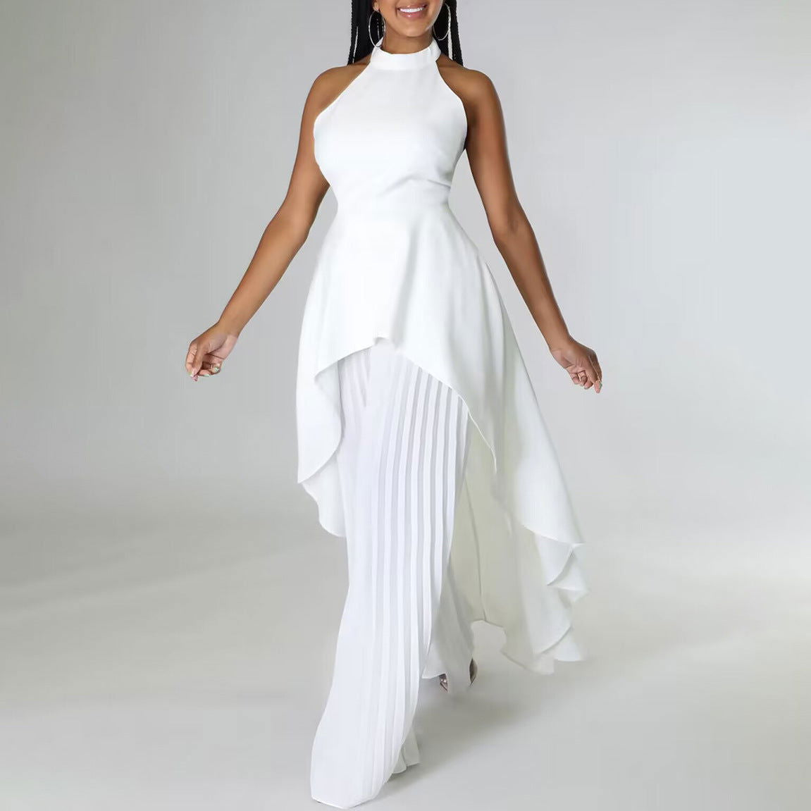 White halter sleeveless top with draped peplum hem and pleated wide-leg pants set