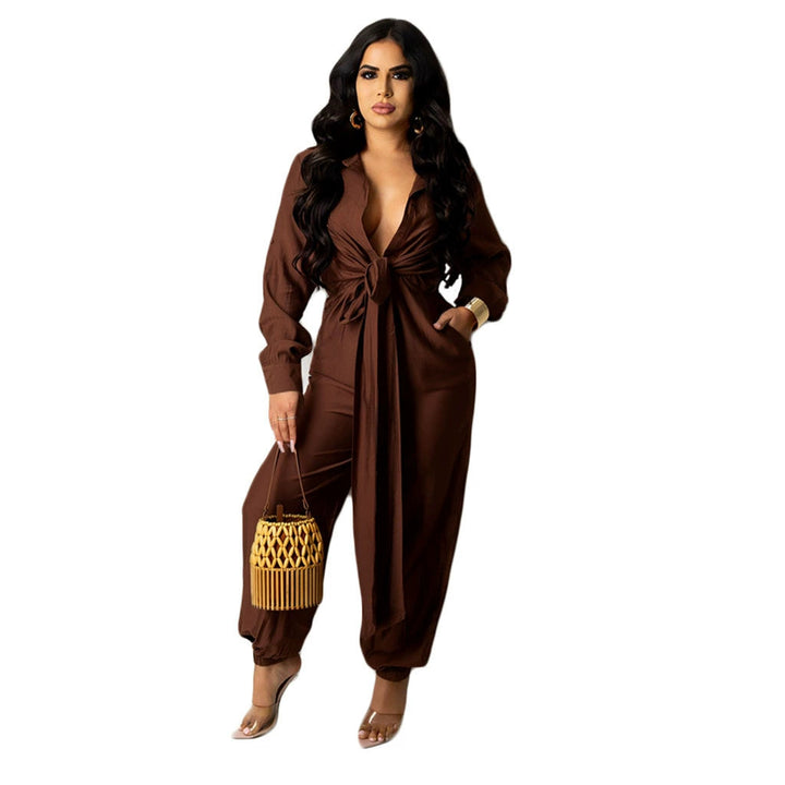 Office Ladies Charming Comfy Long Sleeve V-Neck Loose Fit Jumpsuits 