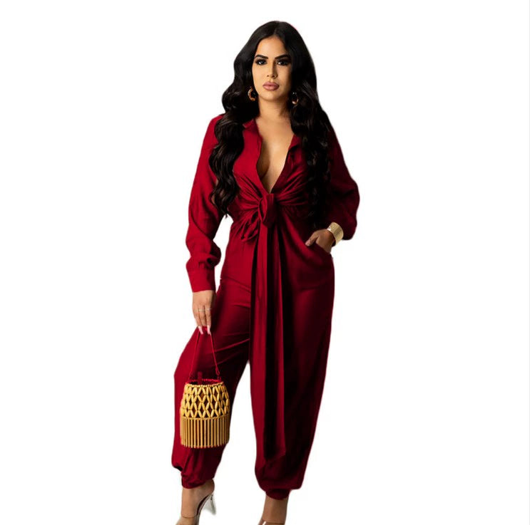 Office Ladies Charming Comfy Long Sleeve V-Neck Loose Fit Jumpsuits 