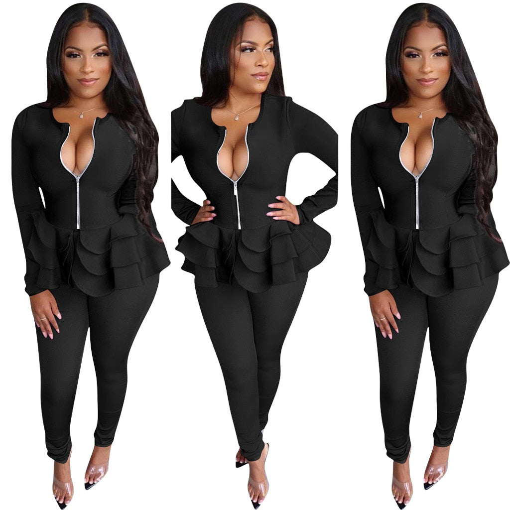 Office Lady 2Pcs Form-fitting Ruffle Top and Pants in Plus Sizes 
