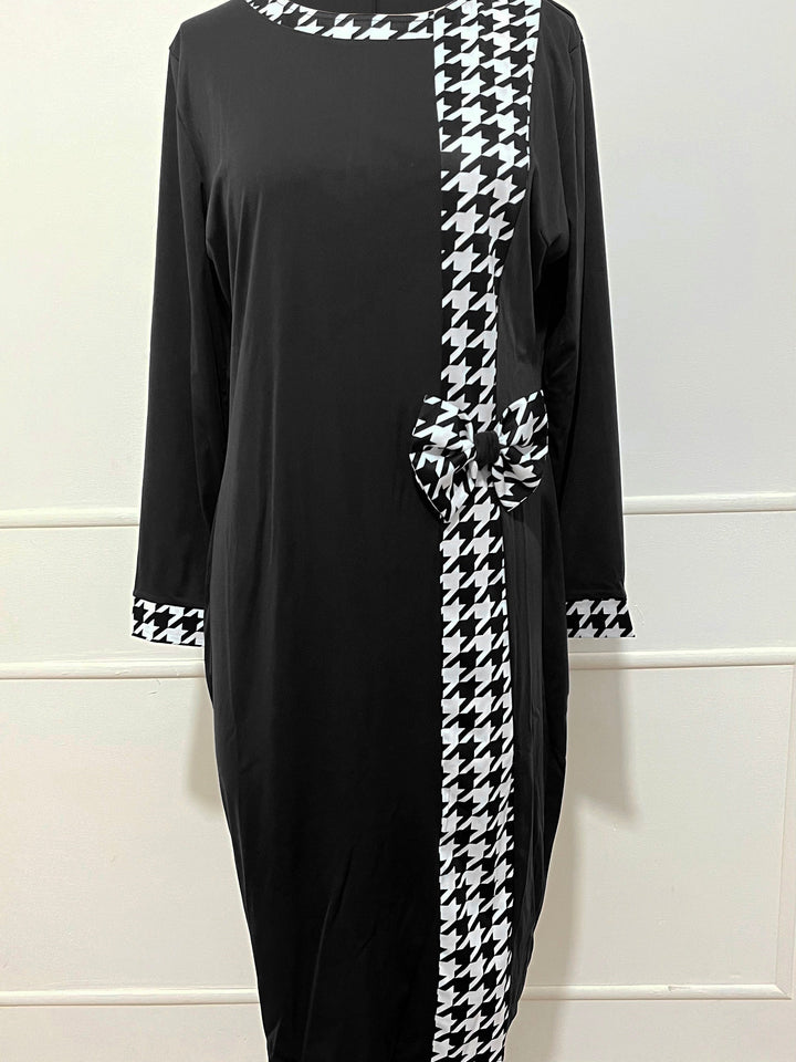 Office Lady Long Sleeve Houndstooth Print Plus Size Midi Dresses 