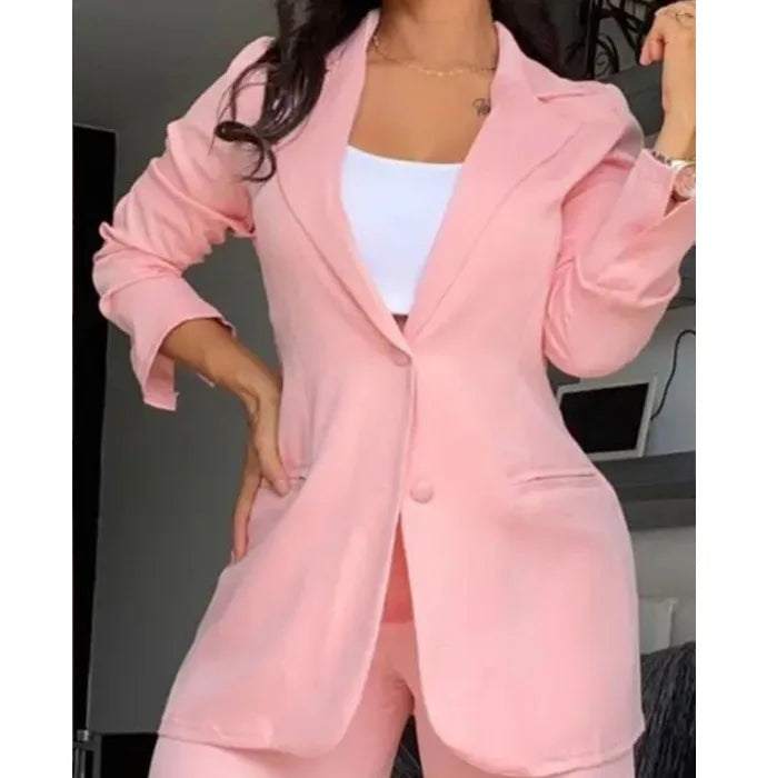 Office Lady Plus Size Notched Blazer and High Waist Pants Suits 