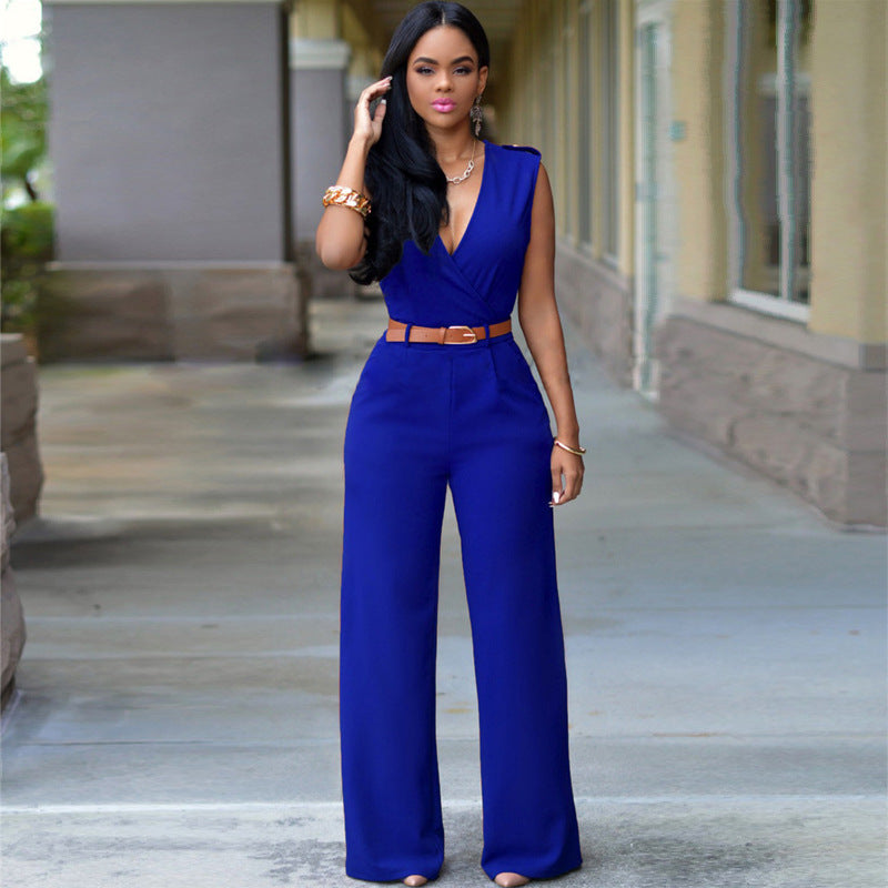 Office Lady Sleeveless V Neck High Waist Jumpsuits in Plus Sizes 
