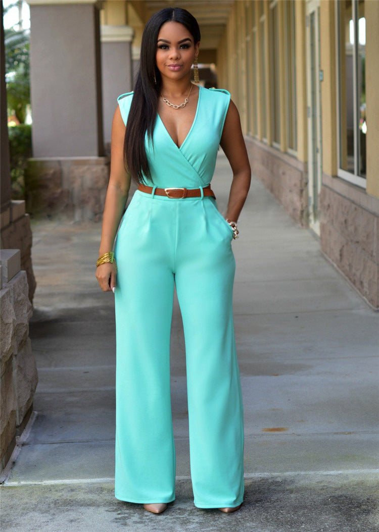 Office Lady Sleeveless V Neck High Waist Jumpsuits in Plus Sizes 