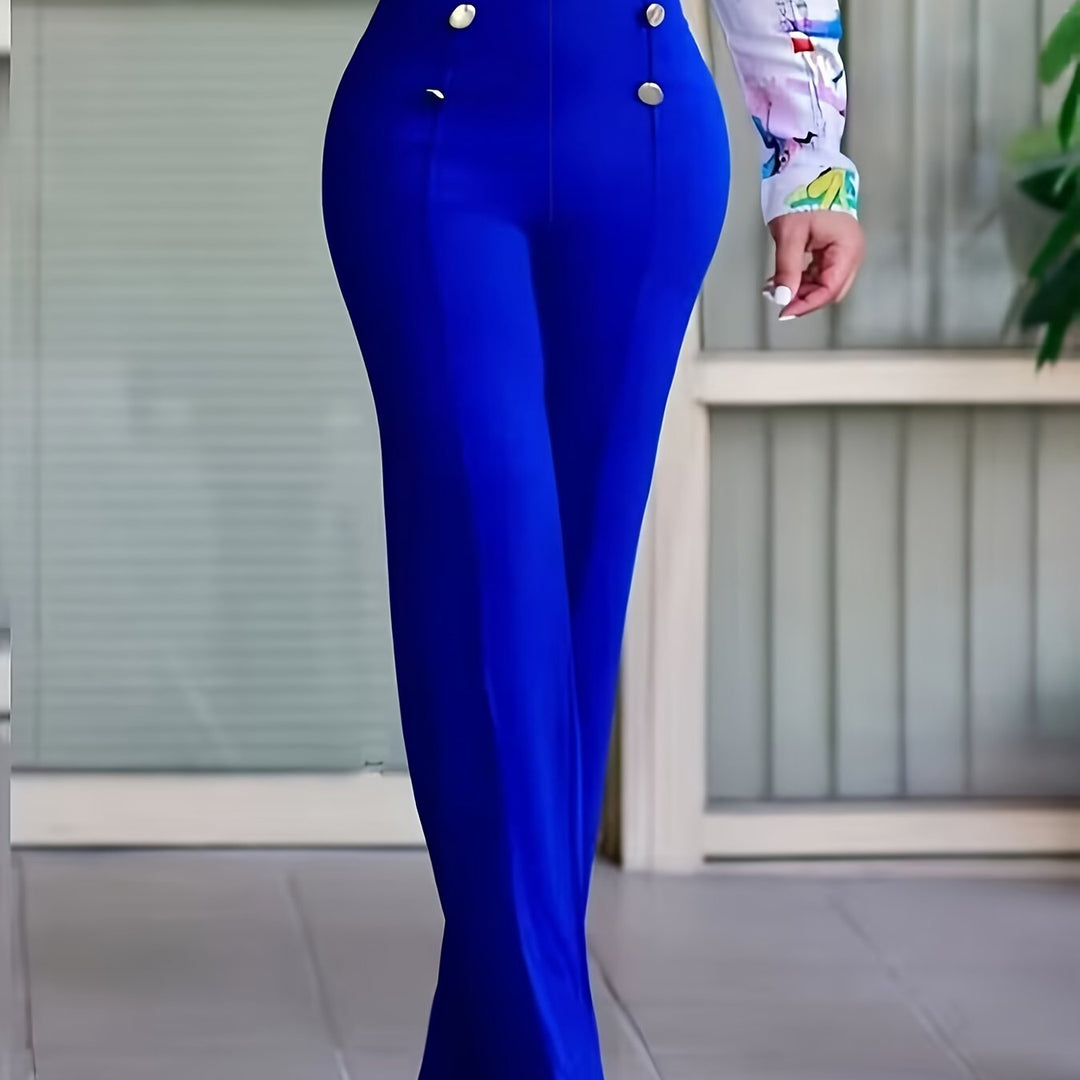 Office Lady Stylish Plus Size Buttoned Decor High Rise Wide Leg Pants 