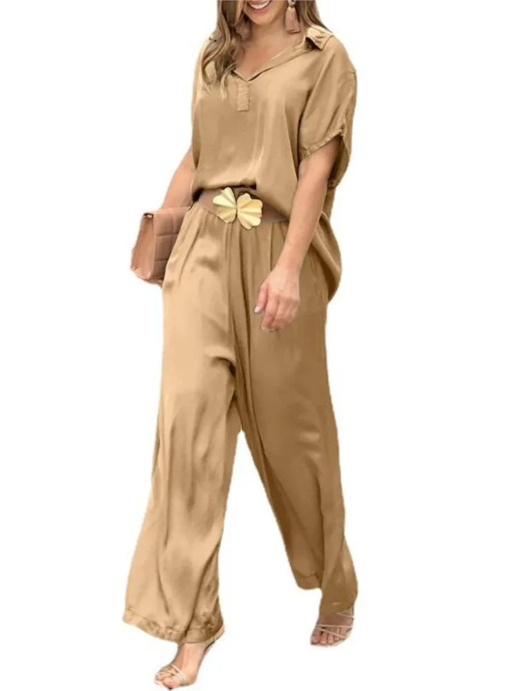 Office Casual Short Sleeve Shirt and Wide Leg Pants - Gen U Us Products