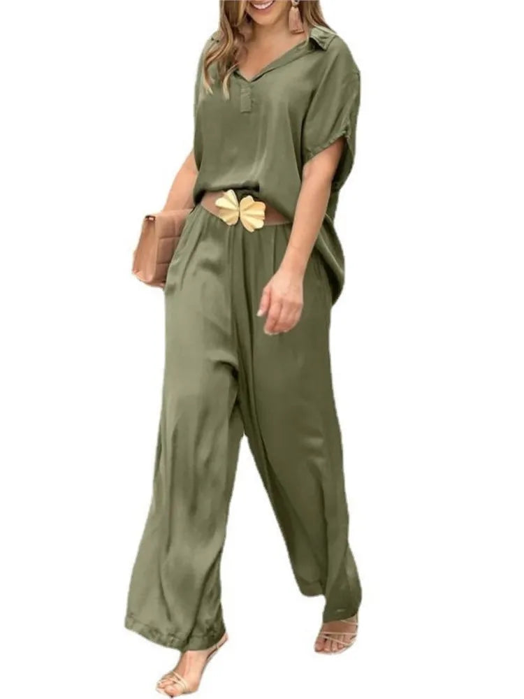 Office Casual Short Sleeve Shirt and Wide Leg Pants - Gen U Us Products
