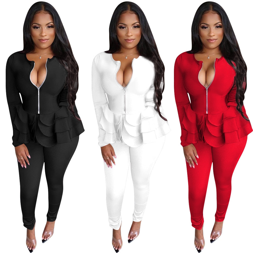 Office Lady 2Pcs Form-fitting Ruffle Top and Pants in Plus Sizes - Gen U Us Products