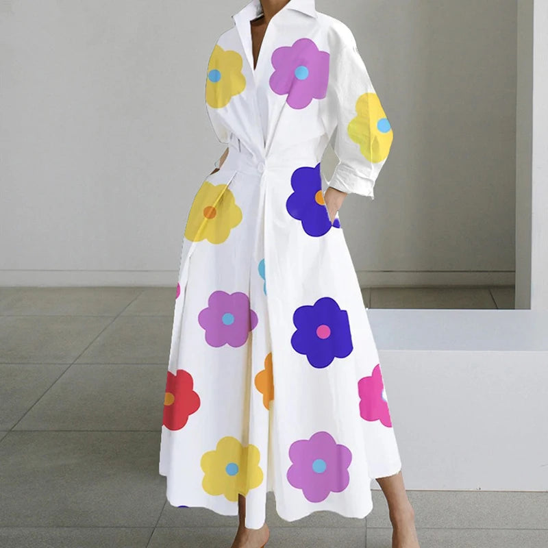Office Lady Long Sleeve High Waist Big Hem Ankle-Length Floral Dresses - Gen U Us Products