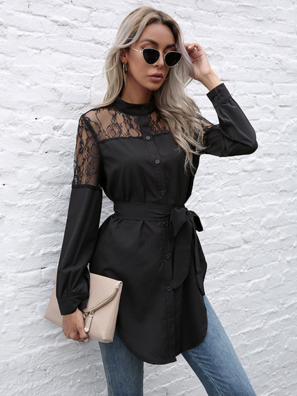 Office Lady Long Sleeves Waisted Patchwork Lace Shirts - Gen U Us Products