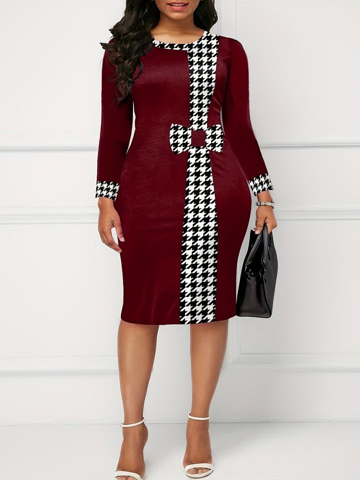 Office Lady Plus Size Houndstooth Print Midi Dresses with Long Sleeve - Gen U Us Products
