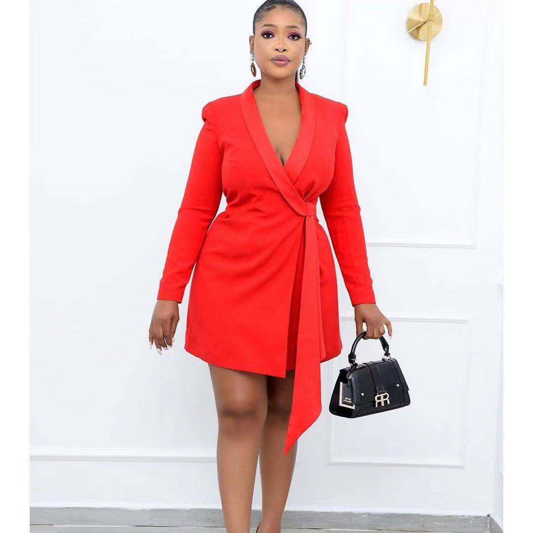 Office Lady Professional Deep V-Neck Notched Collar Mini Skirt Suits - Gen U Us Products