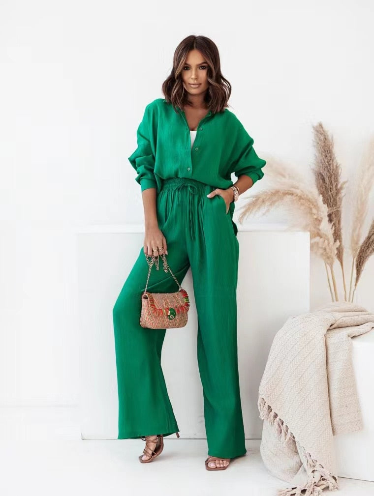 Office Wear Collared Shirt and Mid Waist Wide Pants - Gen U Us Products