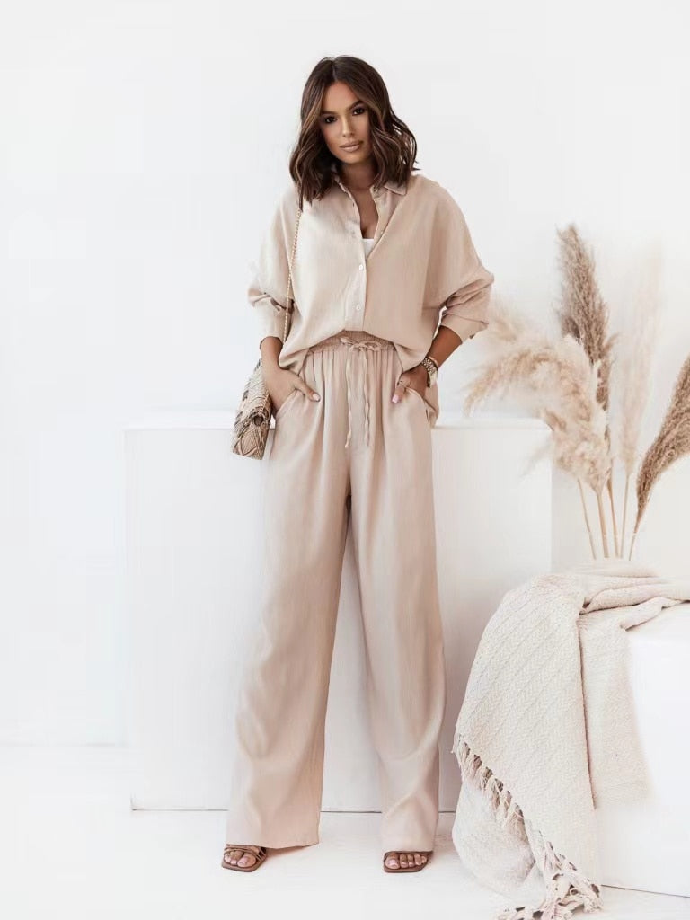 Office Wear Collared Shirt and Mid Waist Wide Pants - Gen U Us Products