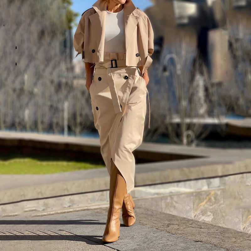 Khaki women's blazer and high-slit skirt with belt, button details