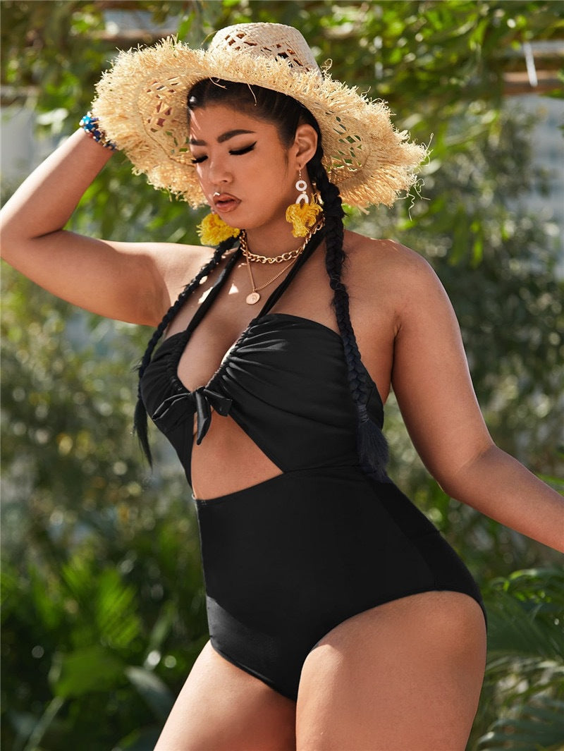 One-shoulder Hanging Lace Cut Out One Piece Swimsuits 