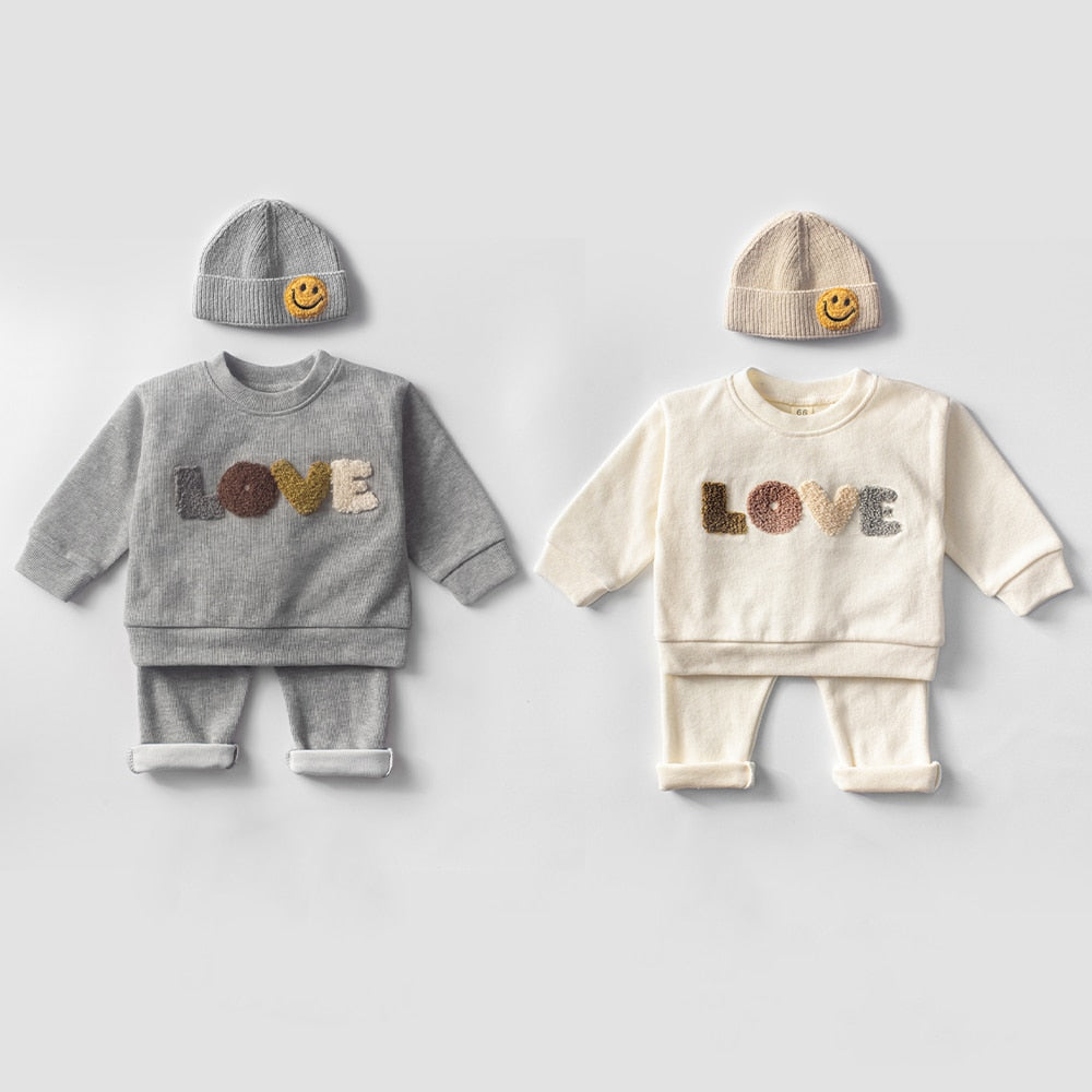 Organic Cotton Cute Cozy Fluffy Love Print Pullover and Pants Set 