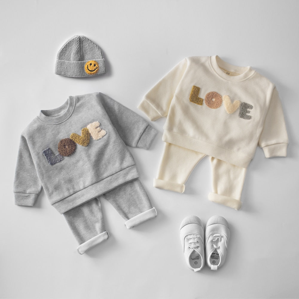 Organic Cotton Cute Cozy Fluffy Love Print Pullover and Pants Set 