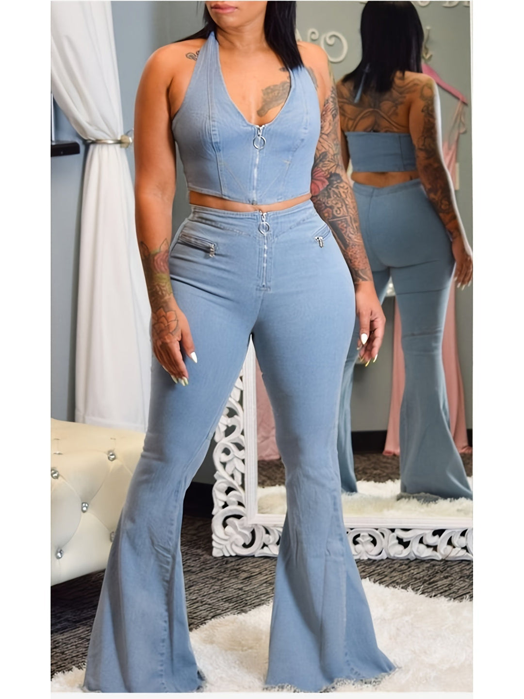 Organic Cotton Halter Crop Top and High Rise Flared Jeans Set 